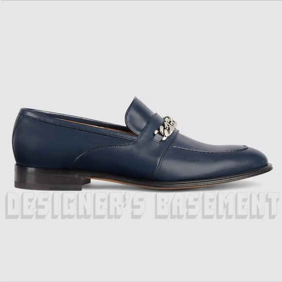 Gucci 8 blue Agata lambskin Leather Interlocking G chain detail Loafer Shoes NIB